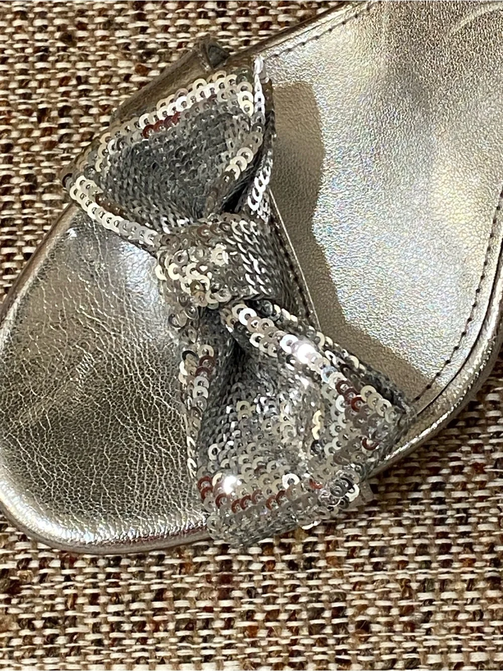 Michael Kors Silver Sequin Bow Ankle Strap Heels